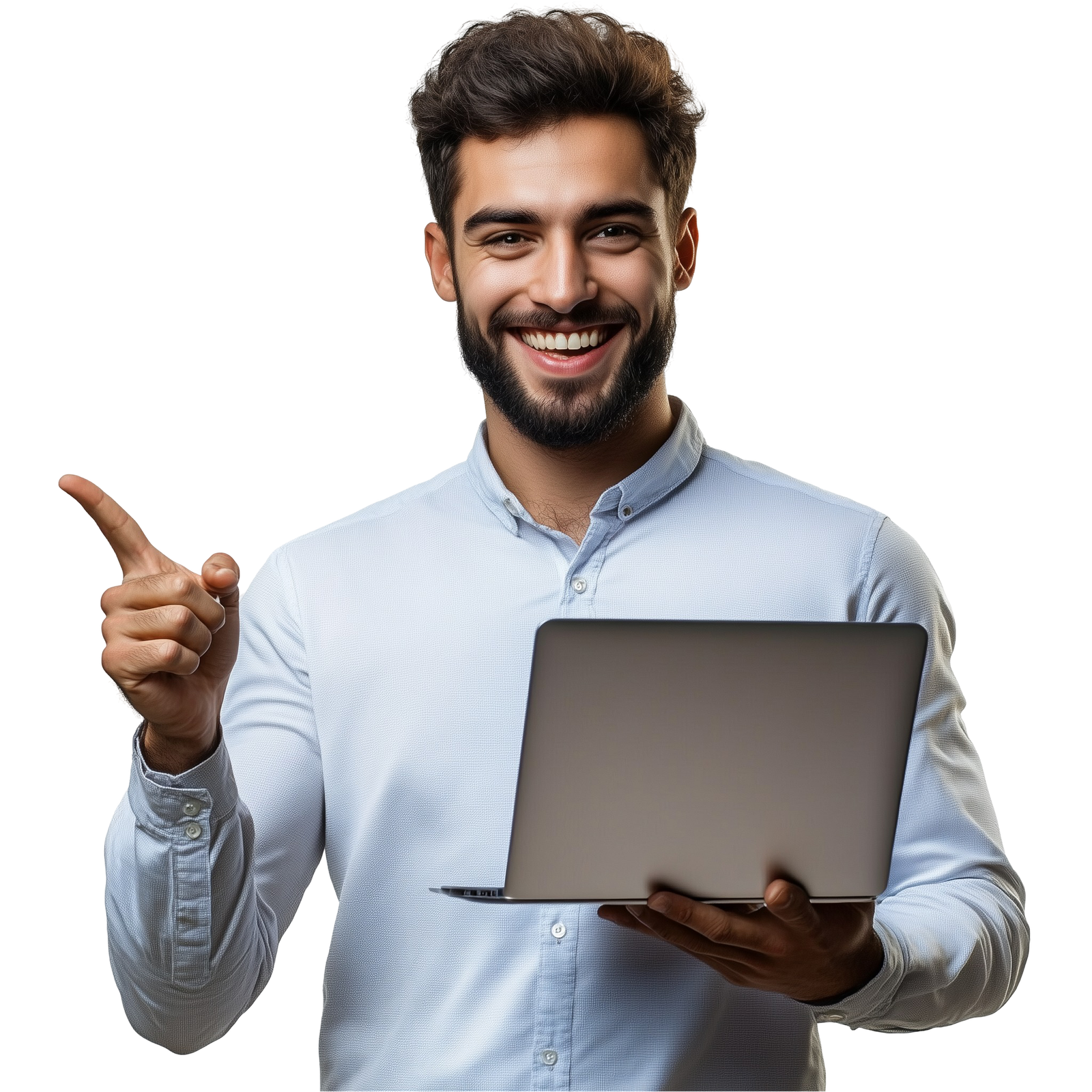 Home vecteezy a man with a laptop pointing up 51799598